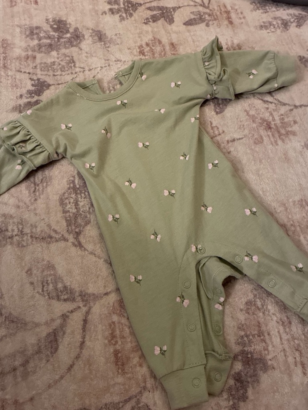 Carter's Green Floral Ruffle One-Piece & Blue Ribbed Button Romper Set - Picture 3 of 3